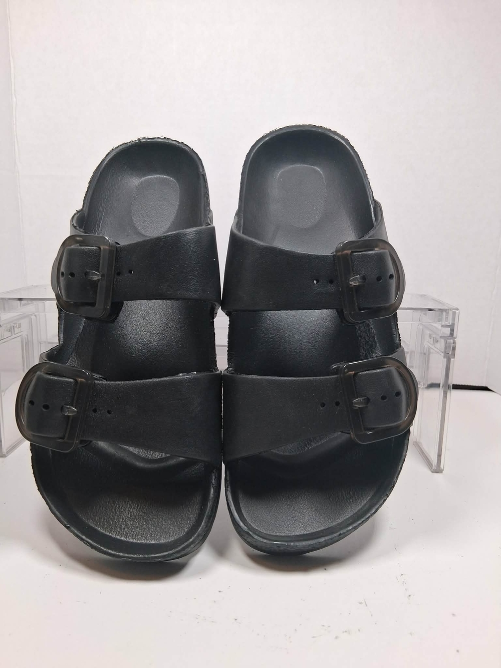 Men's Black Double Buckle Slide Sandals Adjustable Straps Synthetic US 7
